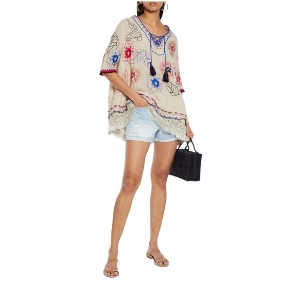 ANJUNA Azzurra Embroidered Linen blend Tunic Tassel Top - Picture 4 of 8